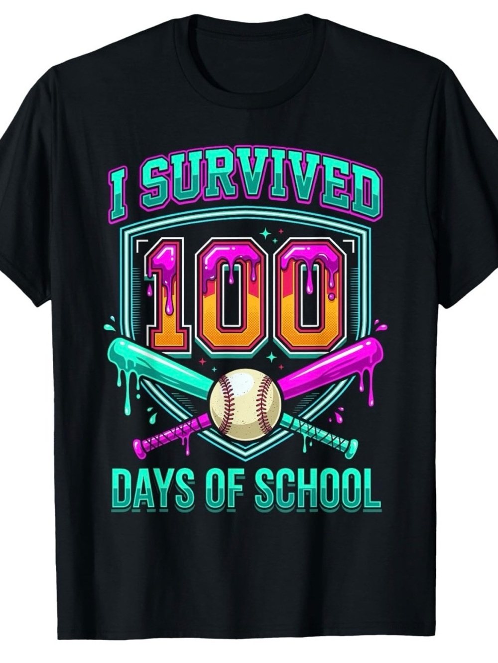 I Survived 100 Days of School Boys Baseball Drip T Shirt, Size S *NWOT*